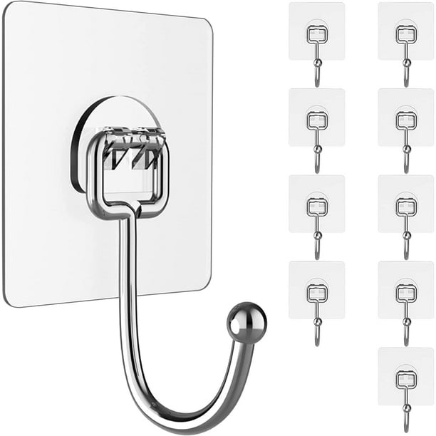 Large Adhesive Hooks for Hanging Heavy Duty 44Ib Max 10 Packs Wall Hooks without Nails Self Adhesive Traceless Clear and Removable Waterproof and Rustproof Multiple Uses for Bathroom Kitchen Home Walm...