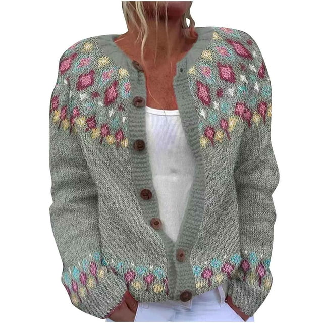LOVZFMLL Women's Sweaters Acrylic Crew Neck Fair Isle Cardigan Sweaters Print Button Loose Long Sleeve Tops Warm Fall Winter Clothes