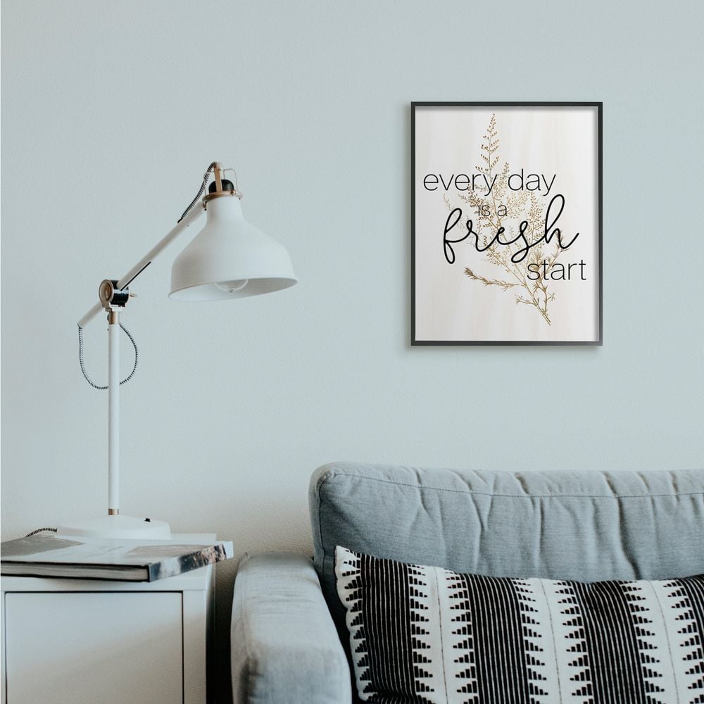Stupell Industries Everyday Fresh Start Quote Text Script Gold Black Nature Framed Wall Art Design by Daphne Polselli, 16" x 20", Black Framed