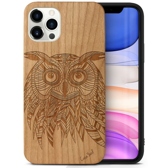 Case Yard Wooden Case Outside Soft TPU Silicone, Slim Fit Shockproof Wood Protective Phone Cover for Girls Boys Men and Women, Supports Wireless Charging Owl Design case for iPhone-11-Pro