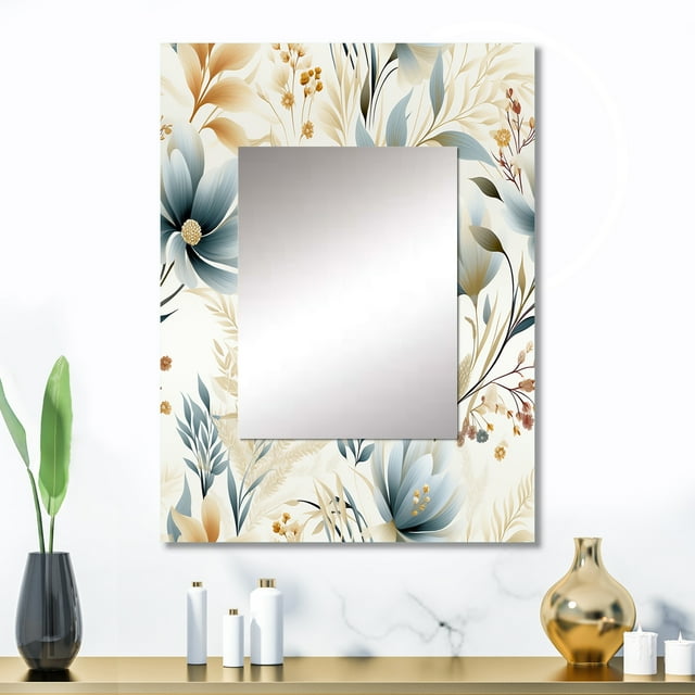 Designart "Soft Neutral Reverie" Floral Wall Mirror, Printed White Wall Mirror, Traditional Bathroom Wall Mirror, Decorative Floral Mirror - 24x32 Inch