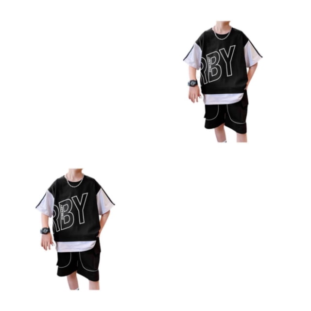 Minnieouse De ropa deportiva de verano con letras para niños, jersey para niños, conjuntos de ropa informal con retazos, ropa de calle, negro Negro ciento diez 2Conjunto