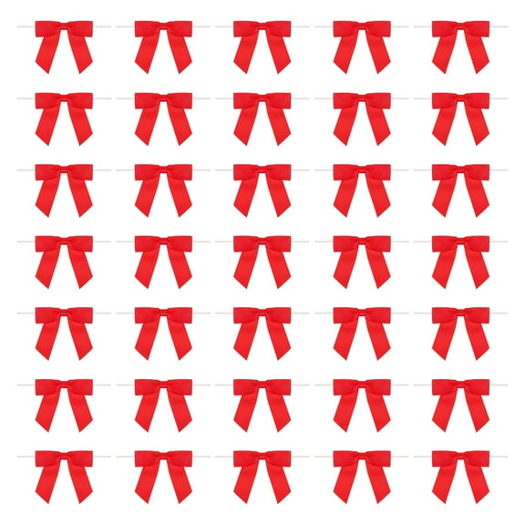 50Pcs Twist Tie Bow 3.5"  Pre-Tie Gift Bows Mini Fabric Satin Ribbon for Treat Bags Craft DIY Flower Sewing Wedding Birthday Party (Red)