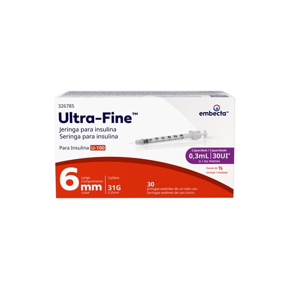 Jeringas para insulina Ultra Fine 6 mm U-100, 0.3 ml 30 pzas