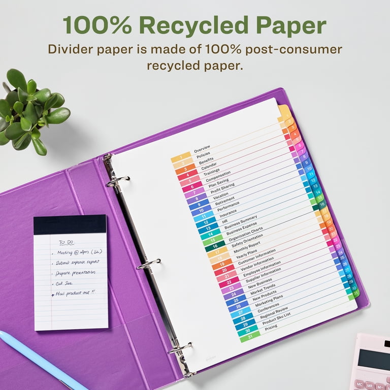 Avery EcoFriendly 31-Tab Dividers, Ready Index, Numbered, Colored