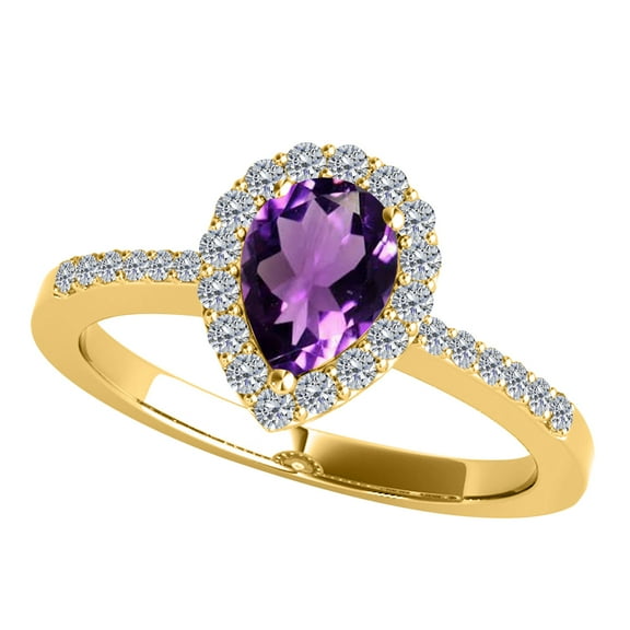 MauliJewels 1.40 Carat Amethyst and Diamond Ring for Women – Pear Shape Amethyst with White Diamond Accents, 4-Prong Set in 10K Yellow Gold