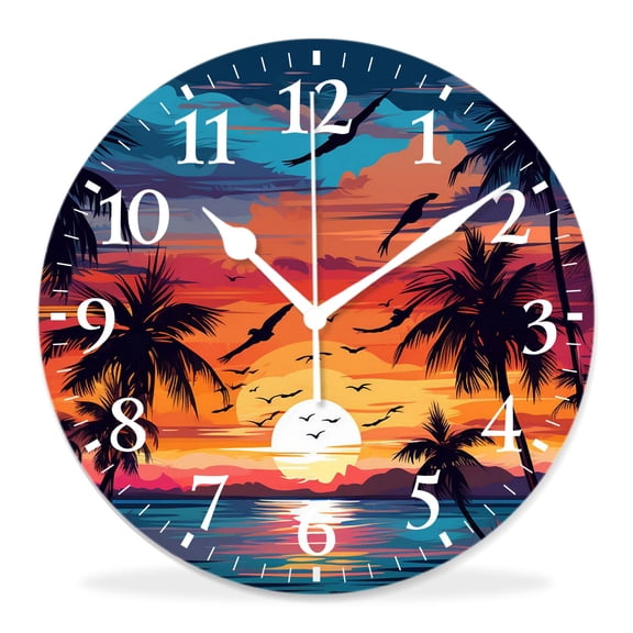 10 Inch Wall Clock Battery Operated Silent Clock Decorative for Office, Kitchen, Outdoor, Living RoomEvening on The Beach with Palm Trees Cute Pattern