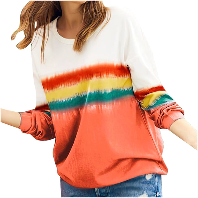 Femmes Manches Longues Col Rond Couleur Bloc Sweat-Shirt Tops Casual Rayé Imprimé Ample Coupe Chemises Blouses Tunique Tops