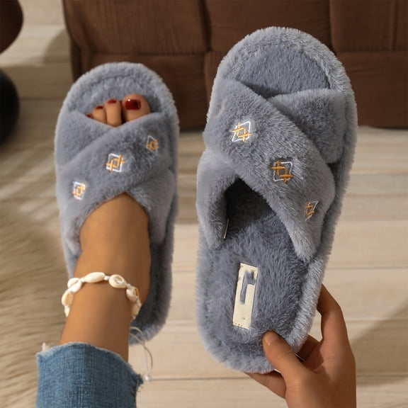 EKVAHL Fuzzy Open Toe Slippers for Women Indoor and Outdoor with Memory Foam Cozy Cross Band Women's Slipper Cute Soft House Shoes