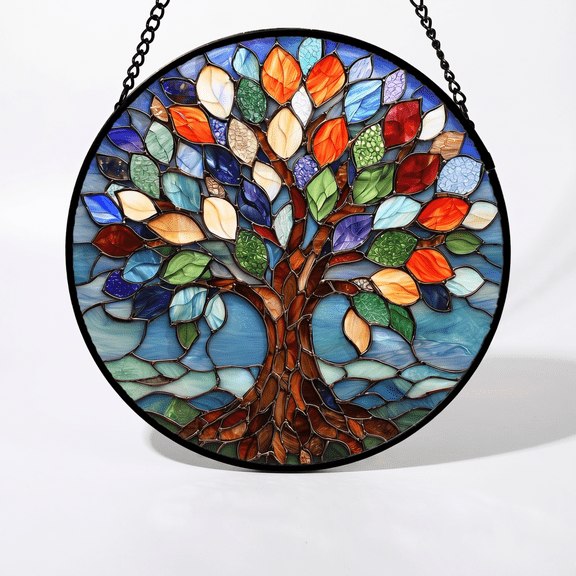 Tree of Life Stained Glass Window Hanging, Colorful Blue Glass Panel Sun Catcher, Art Home Wall Decor, Ideal Birthday Holiday Gift for Mom Wife Family, 6.3 Inch