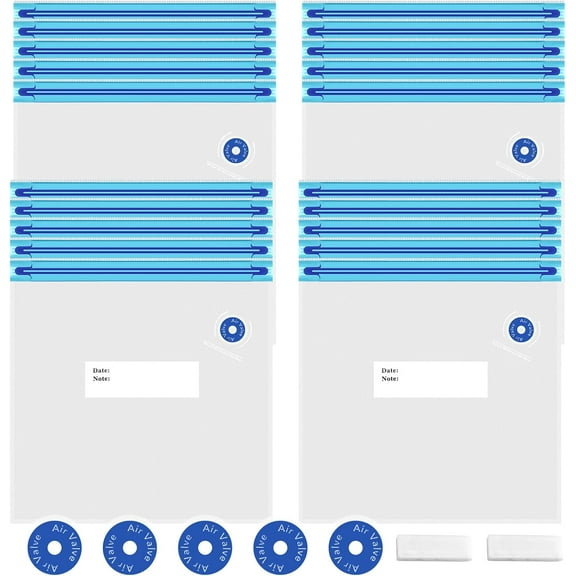 Sous Vide Bags 27Pcs, BPA Free Reusable, Double-Layered Food Storage (11 x 10 in) for Cooking, Food Storage, and Microwave Heating. Includes 20 Vacuum Zipper Bags, 2 Seal Clips, and 5 Air Valves.