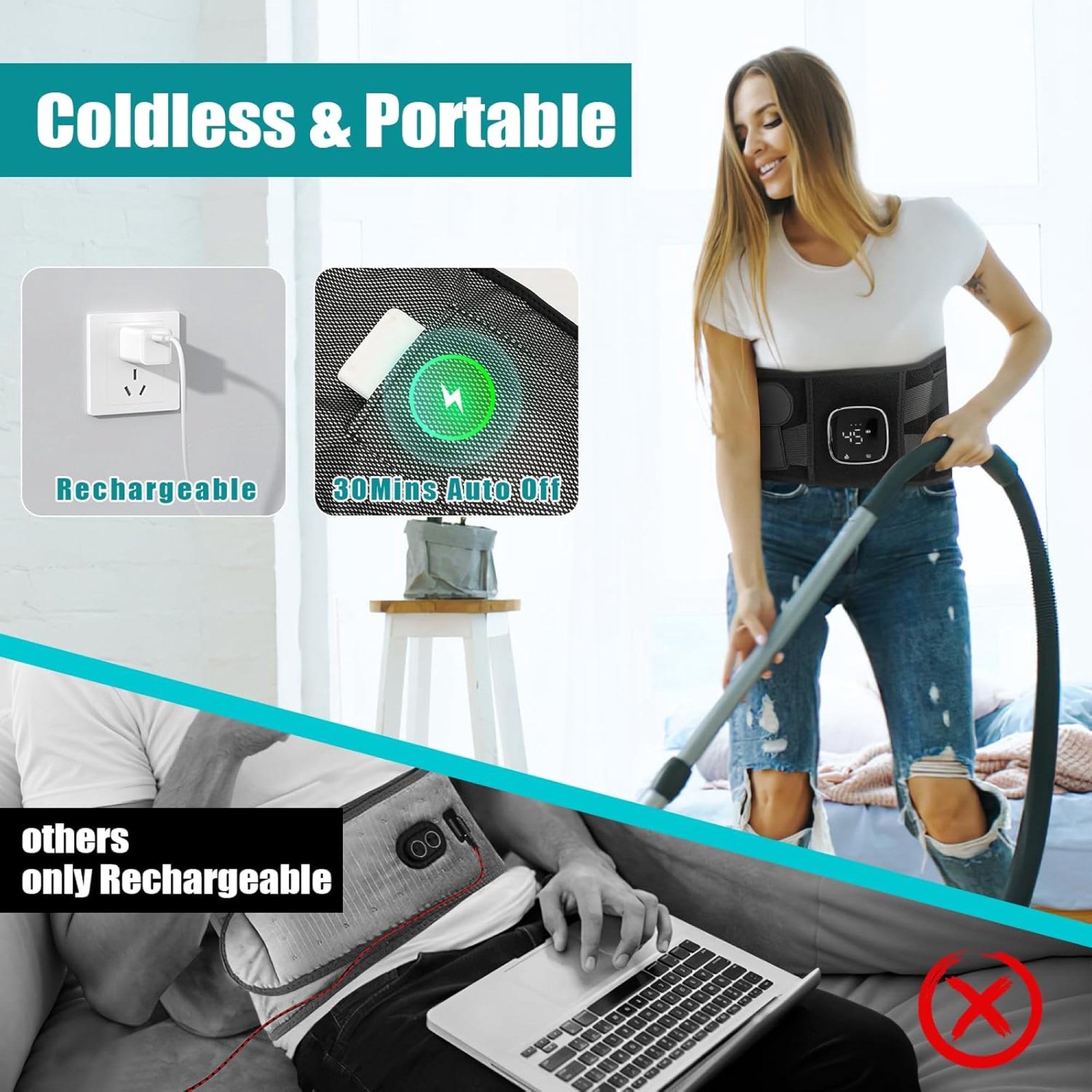 Pecham Cordless Heating Pad for Back, 60" Lower Back Massager Heated Back Support Brace with Heating, 3 Speed Massage, Gifts for Men Women - Black