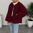 thumbnail image 5 of Women's Double Sided Fleece Jacket, Button Up Plush Coat, Soft Long Sleeve Cardigan, Cozy Winter Outerwear, Casual Fall Fashion, Functional Pocket Design, 2025 Trendy Style Wine XL, 5 of 6
