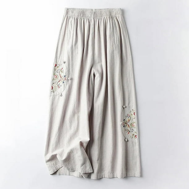 WILLBEST Pantalones Casuales Para Mujer, Culottes de Mujer, Pantalones de Pierna Ancha de Mezcla de Lino, Pantalones Palazzo Casuales Con Cintura Elástica y Bolsillos, Capri Para Un Uso Diario Cómodo.