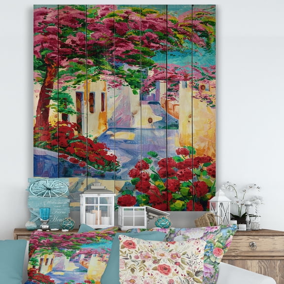 Designart 'Colorful Traditional Santorini Houses Among Flowers' Nautical & Coastal Print on Natural Pine Wood