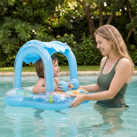 FLYNOW BABY POOL FLOAT WITH CANOPY SUN PROTECTION, KIDS SWIMMING FLOAT WITH SAFETY SEAT, INFLATABLE TODDLERS POOL FLOATS WITH CARTOON BELL TOY, INFANT SWIM TRAINER, SUMMER ESSENTIALS FOR BOYS GIRLS