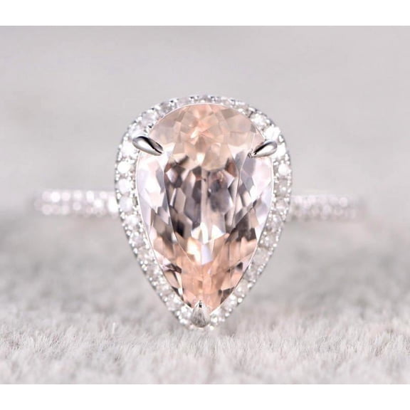 Sale 1.75 Carat 8x5mm Pear Cut Morganite and Diamond Moissanite Halo Engagement Ring in 10k White Gold for Women