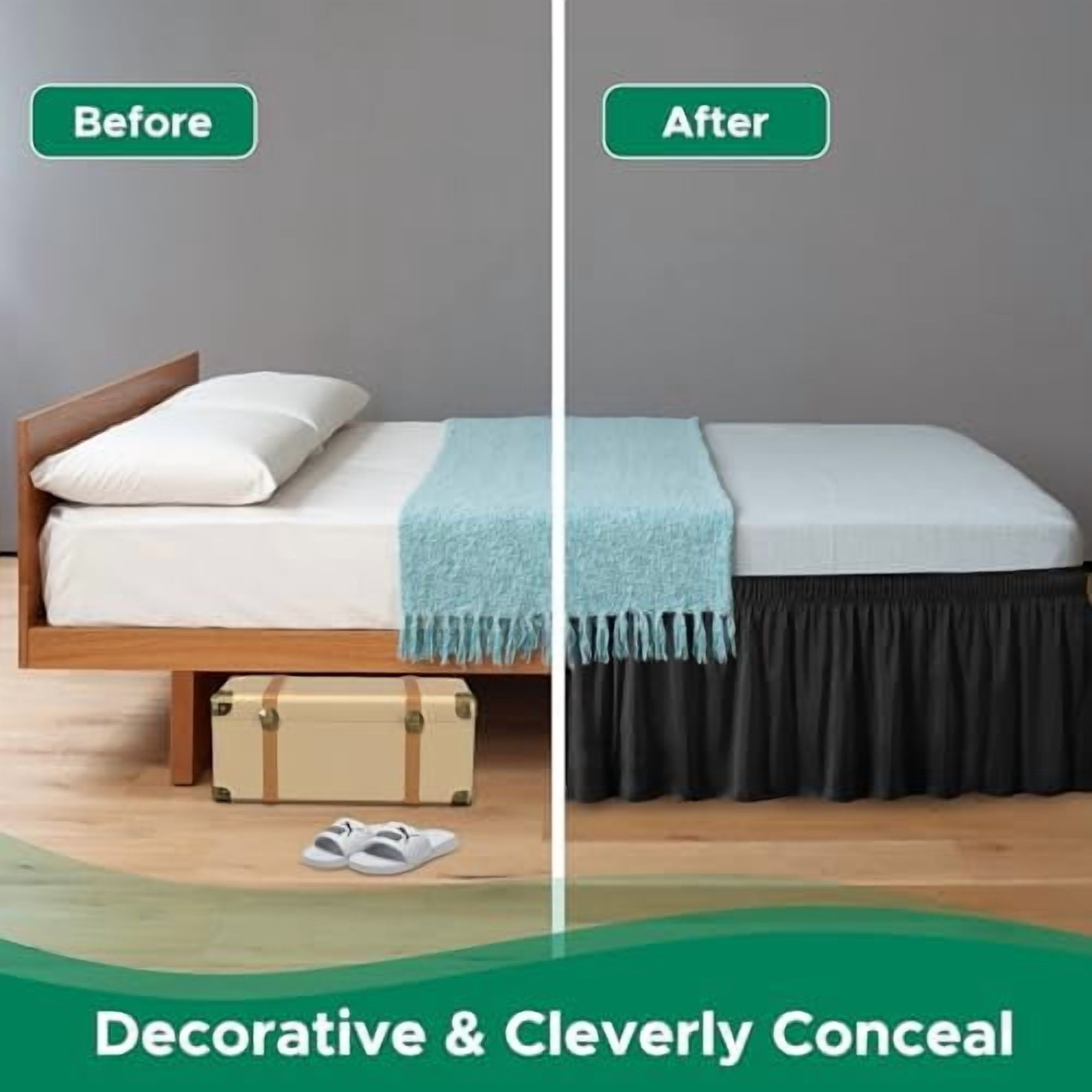 Wrap Around Bed Skirts for Queen Beds 17" Long Drop, Black Adjustable Elastic Dust Ruffles Easy Fit Wrinkle & Fade Resistant Silky Luxurious Fabric Solid Machine Washable