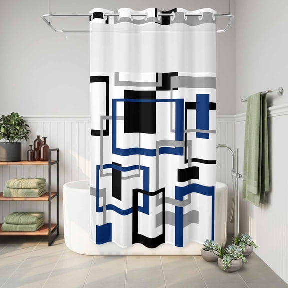 No Hook Shower Curtain Abstract Blue Geometric Waterproof Fabric Shower Curtain Black Grey Hotel Style Bathroom Curtain with See Through Top Window Machine Washable 36x72in