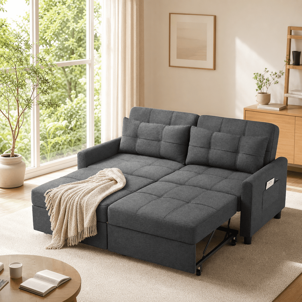 3 in 1 Convertible Sofa Bed, 58" Sectional Sleeper Sofa with Adjustment Backrest & Side Pocket, Pull out Couch for Living Room, Bedroom, Apartment, Dark Gray