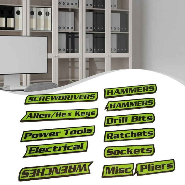 12 etiquetas para caja de herramientas. Versátiles y fáciles de instalar. Etiquetas metálicas para cajones, armarios y almacenamiento en garaje. Verde