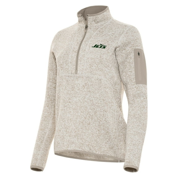 Women's Antigua Oatmeal New York Jets  Fortune Half-Zip Jacket