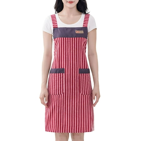 

Pengpengfang 1 Pcs Kitchen Apron Strip Pattern Double Pockets Breathable High Elasticity Sleeveless Oil-proof 4 Colors Wide Shoulder Strap Cotton Apron for Restaurant