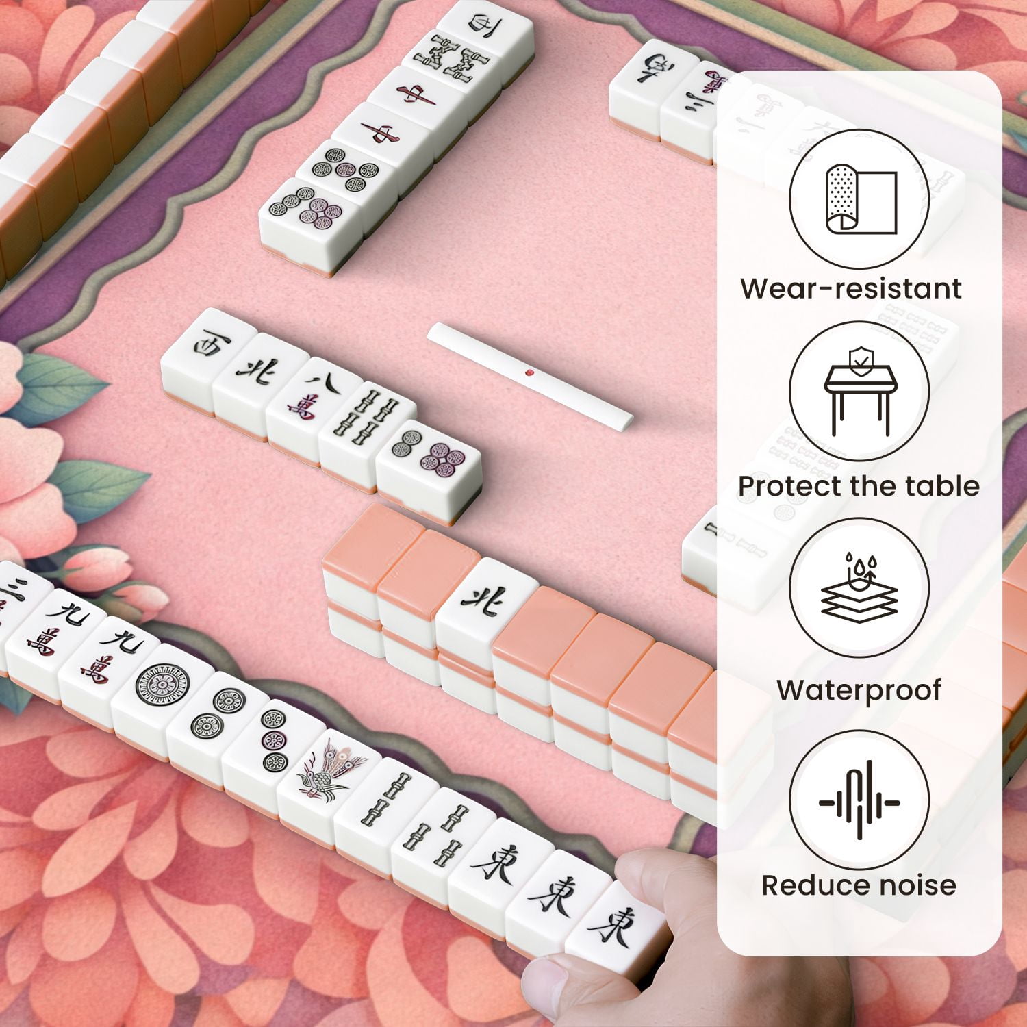 Mahjong Mat 31.5" x 31.5" Pink Floral Frame Layered Border Abstract Flower Non-Slip Noise Reduction Mahjong Tiles Table Cover for Dominoes Poker Card Board and Tile Games