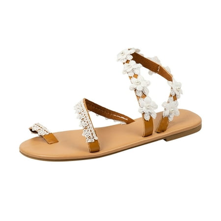 

BADHUD White Sandals for Women Dressy Gladiator Sandals Flat Wedding Sandals 2024 Cute Summer Lace Sandals for Women Ladies Beach Sandals Open Toe Clip Toe Ring Bridal Bridesmaid Sandals