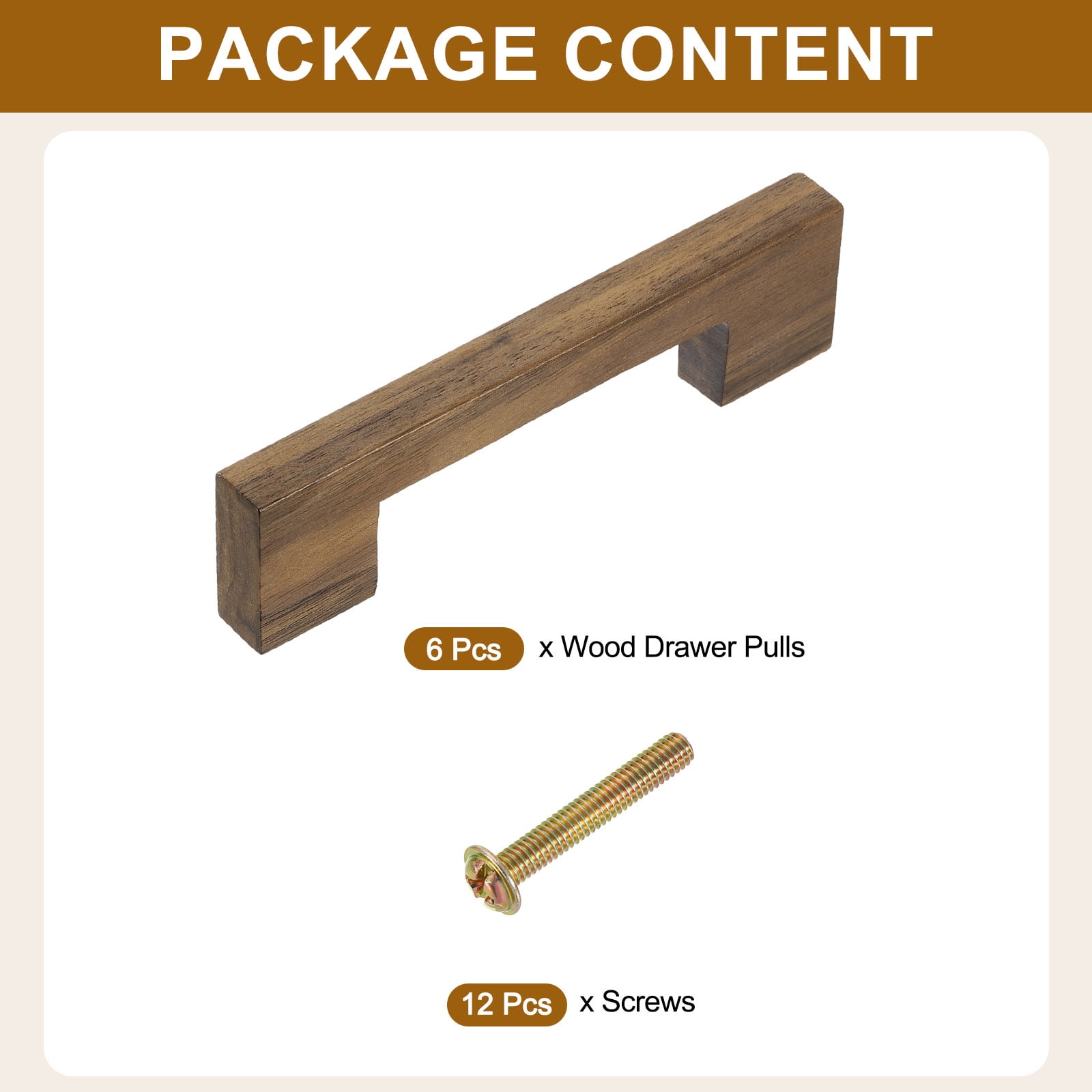 Uxcell 6 Pack Wood Drawer Pulls, 4 Inch Hole Center Square Wooden Drawer Pulls Cabinet Handles with Screws for Kitchen Dresser Wardrobes Door Cupboard, Dark Walnut