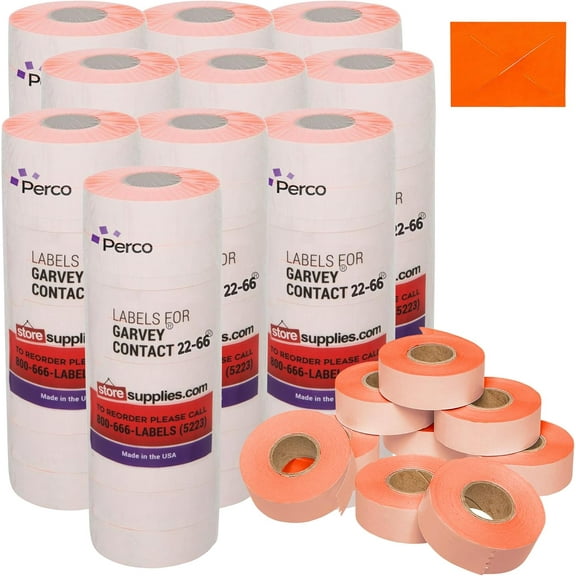 Perco Fluorescent Red Garvey 2216 Pricing Labels for Garvey 22-66/22-77/22-88 Two Line Pricing Gun - 90 Rolls, 10 Sleeves - 90,000 Pricemarking Labels and 10 Inkers Included