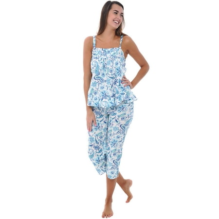 

Alexander Del Rossa Womens 100% Cotton Lawn Pajamas Tank and Capri Pj Set Blue Paisley Small