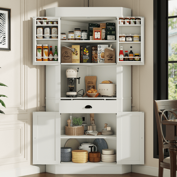 73" Corner Pantry Cabinet with Built-in Charging Station, Tall Kitchen Storage Cabinet with 4 Barn Doors, Open Hutch & Drawer, Freestanding Corner Buffet Hutch for Dining Room, Living Room, White