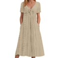 thumbnail image 1 of Vestido largo liso con cuello en V y volantes de encaje para mujer - Poliéster elástico, elegante/casual, lavable a máquina, para la noche/cócteles, 1 of 7
