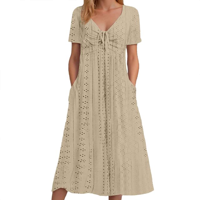 Daznico Robes pour Femmes Ajustées et Flattées pour Toutes les Figures, Robe Unie avec Découpe, Col en V, Dentelle, Longue Robe, Robes pour Femmes