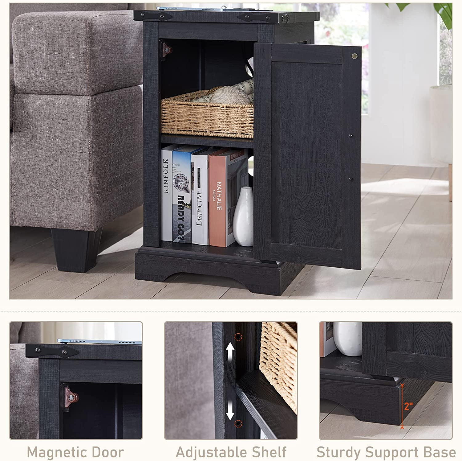 T4TREAM Farmhouse Nightstand with Charging Station, Wood End Table Side Table, Black