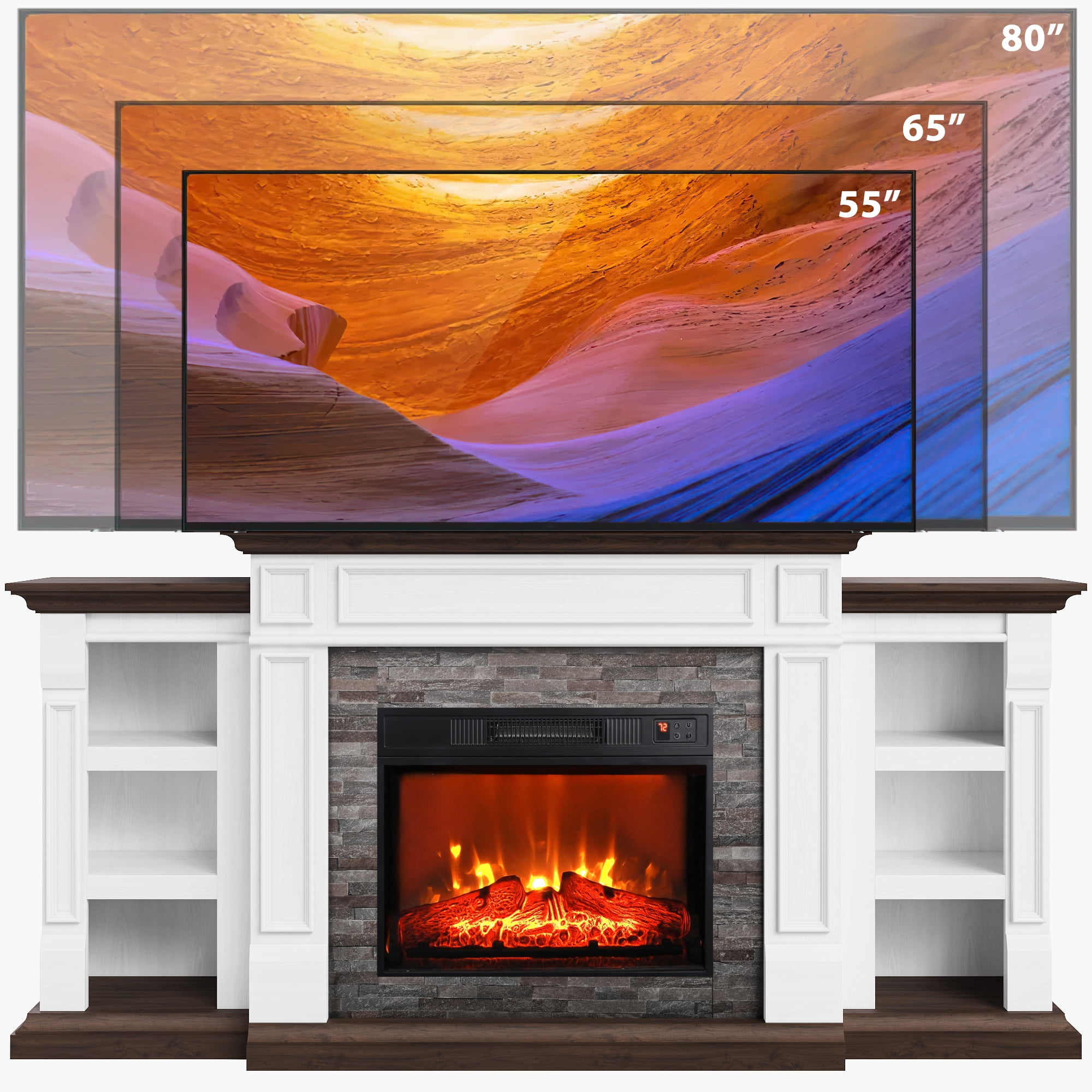 70"L Fireplace Mantel with 23" Electric Fireplace and Bookshelves, Wooden Storage Freestanding Heater with Remote Control, Brown