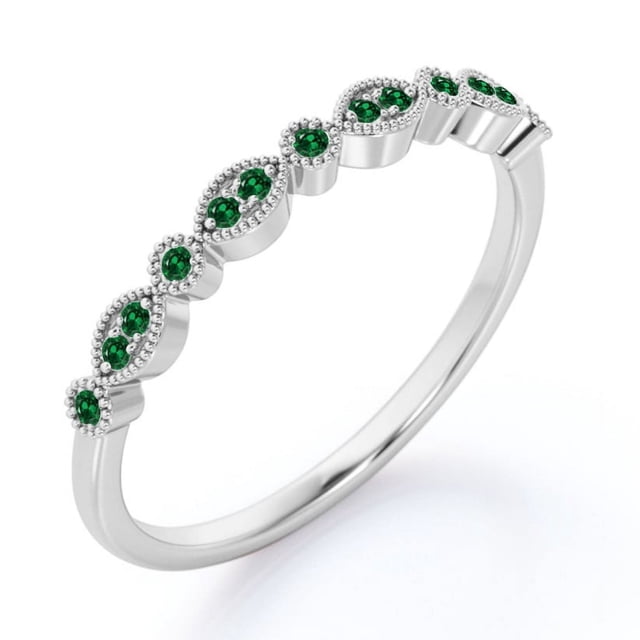 JeenMata Alianza de Boda Art Deco de 0,25 Quilates con Piedra de Nacimiento de Mayo de Talla Brillante Redonda y Filigrana Milgrain en Baño de Oro Blanco de 18 K sobre Plata