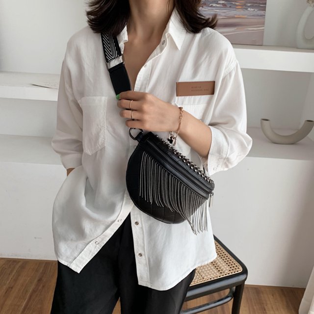 Bolso De Hombro Bolso Bolsos cruzados de moda con borlas y remaches para teléfono de cuero para mujer paquete de cinturón (negro)