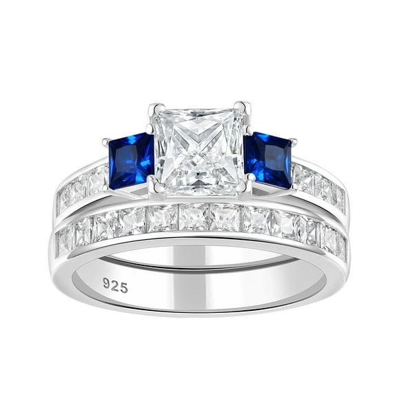 Wuziwen Three Stone Princess Cut Blue Simulated Sapphire and Cubic Zirconia Wedding Bridal Rings Set for Women 925 Sterling Silver Engagement Ring for Her Sz 7