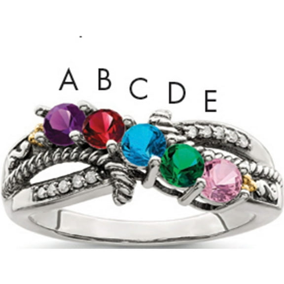 14K/Silver Two-Tone Sterling Silver & 14K Five-Stone And Diamond Mother's Ring Semi-Mount (Size 5) Made In Thailand qmr39/5-5