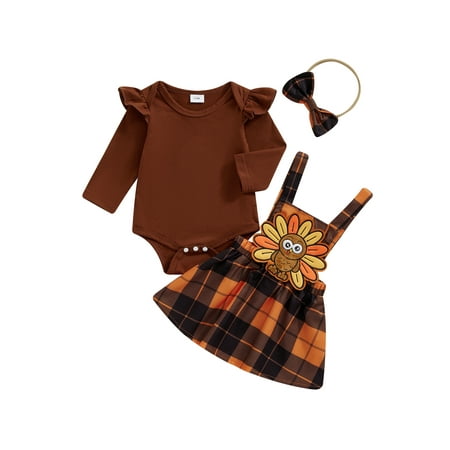 

Baby Girls Thanksgiving Outfit Long Sleeve Romper and Plaid Turkey Suspender Skirt Cute Headband 3 Piece Clothes