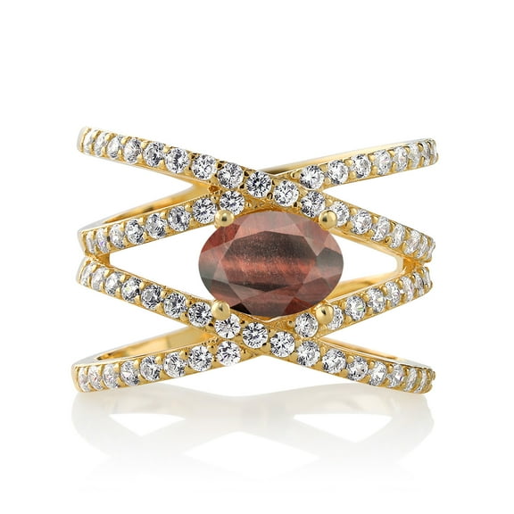 Gem Stone King 2.18 Ct Oval Red Tiger Eye 18K Yellow Gold Plated Silver Ring (Size 6)
