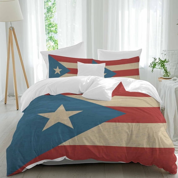 3 Piece Puerto Rico Flag Duvet Cover Set Queen Size, Microfiber Comforter/Quilt Cover with Corner Ties and 2 Pillowcases, Red Blue Vintage All Season Soft Bedding with Zipper Closure