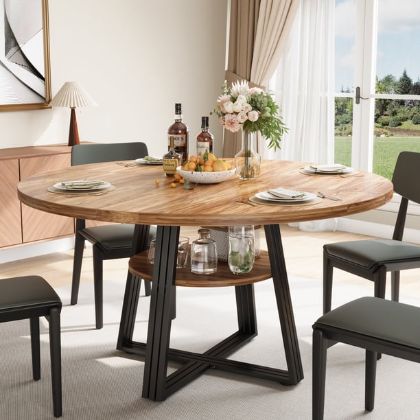 Yeshouse Mesa de comedor redonda de 120 cm para 4-6 personas, diseño rústico con espacio de almacenamiento, ideal para cocina, comedor, sala, reuniones y apartamento