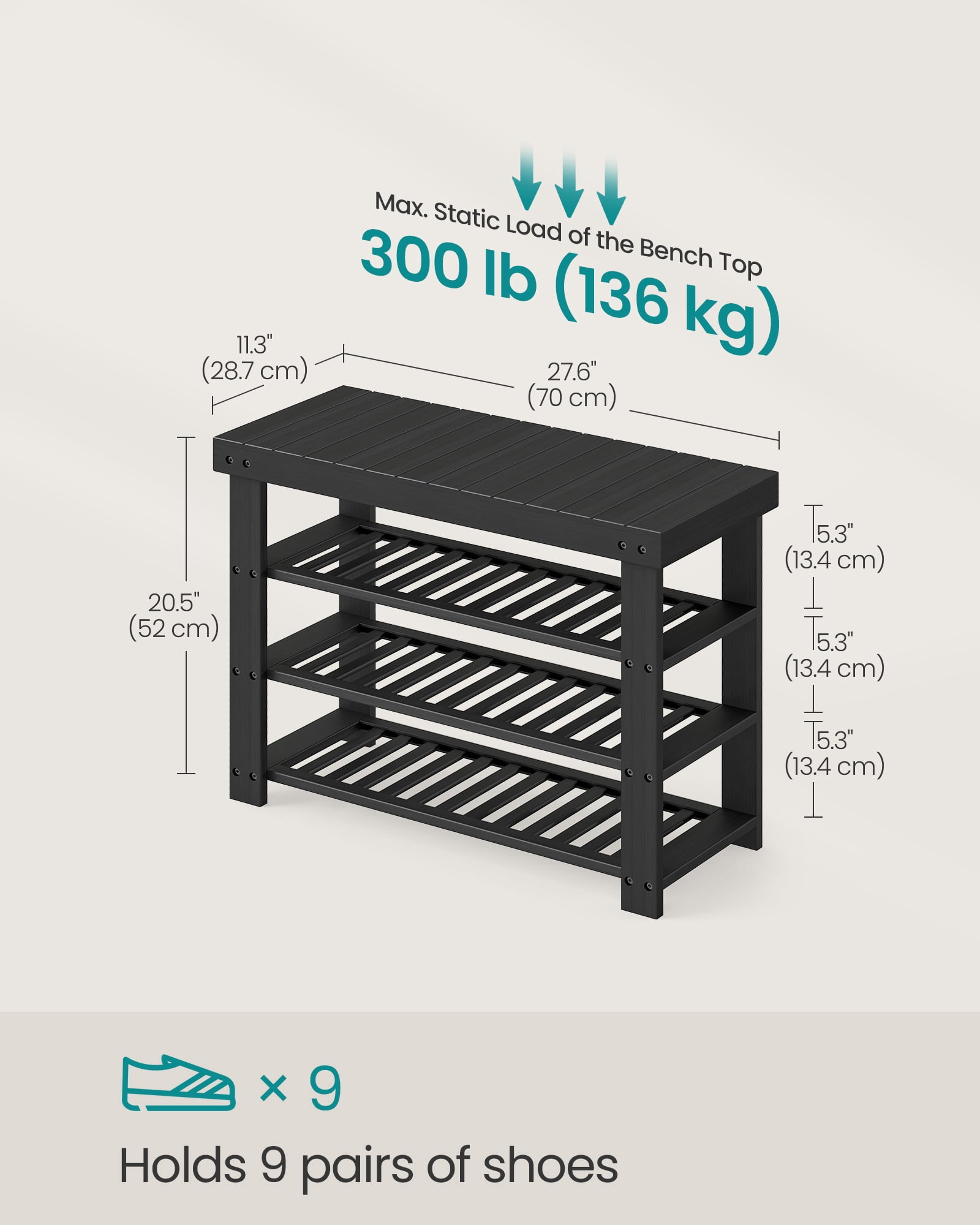 SONGMICS Shoe Rack Bench, 3 Tier Bamboo Shoe Storage Organizer, Entryway Bench, for Living Room, Bathroom, Bedroom, 11.3 x 27.6 x 20.5 Inches, Ink Black