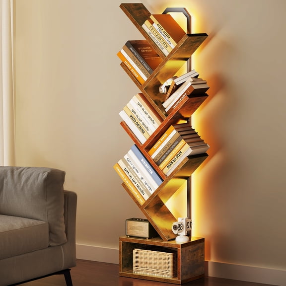 Casacomoda 6 Tier Tree Bookshelf, Bookcase with LED Lights, Display Floor Standing Storage Shelf, Book Organizer Shelves for Home Office, Living Room, Vintage