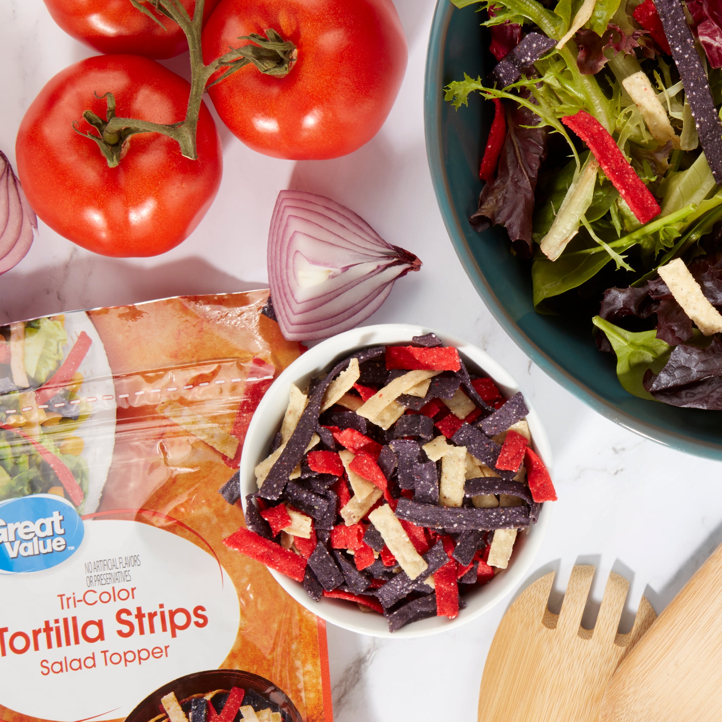 (6 pack) Great Value Tri-Color Tortilla Strips Salad Topping, 3.5 oz Bag