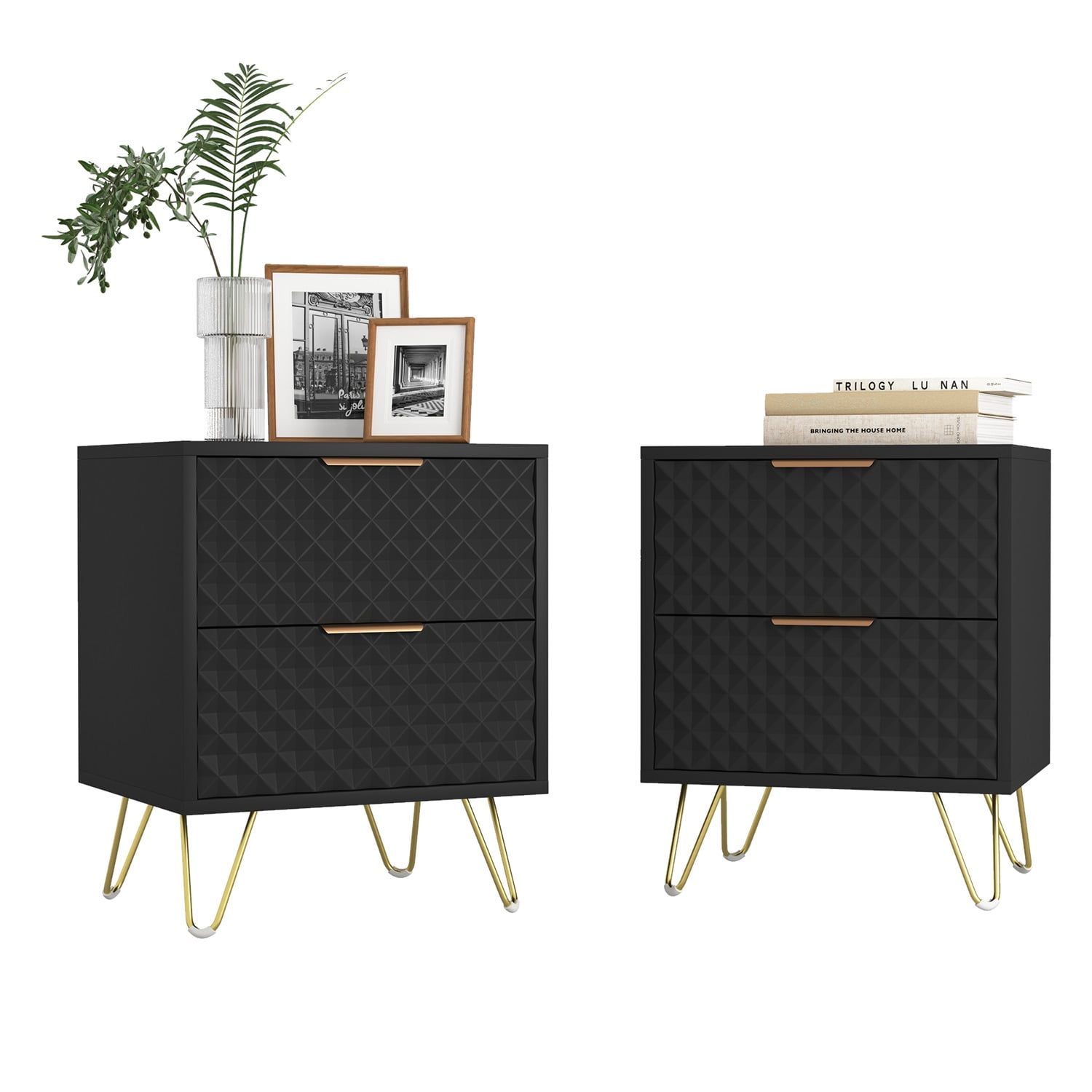 Hommoo Nightstand Set of 2, Carving Texture Night Stand End Side Tables, Modern Bedside Tables with 2 Drawers, for Bedroom Living Room, Black