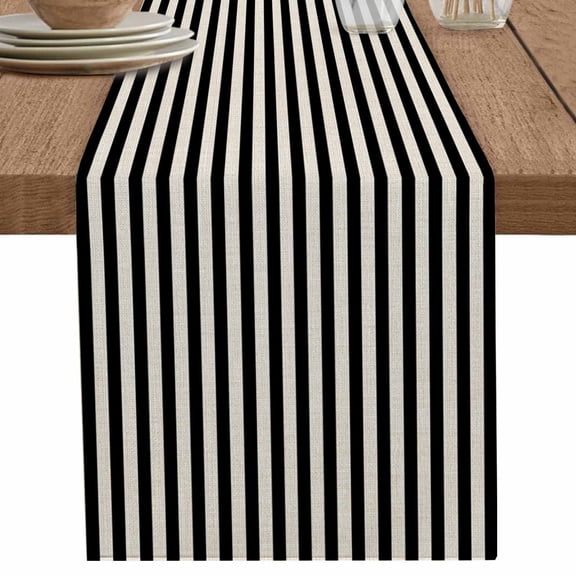 Abstract Black Vertical Stripes on Beige Table Runner-70 Inch Long Modern Art Table Runners Linen Burlap Tablerunner for Kitchen Dining Room Holiday Party